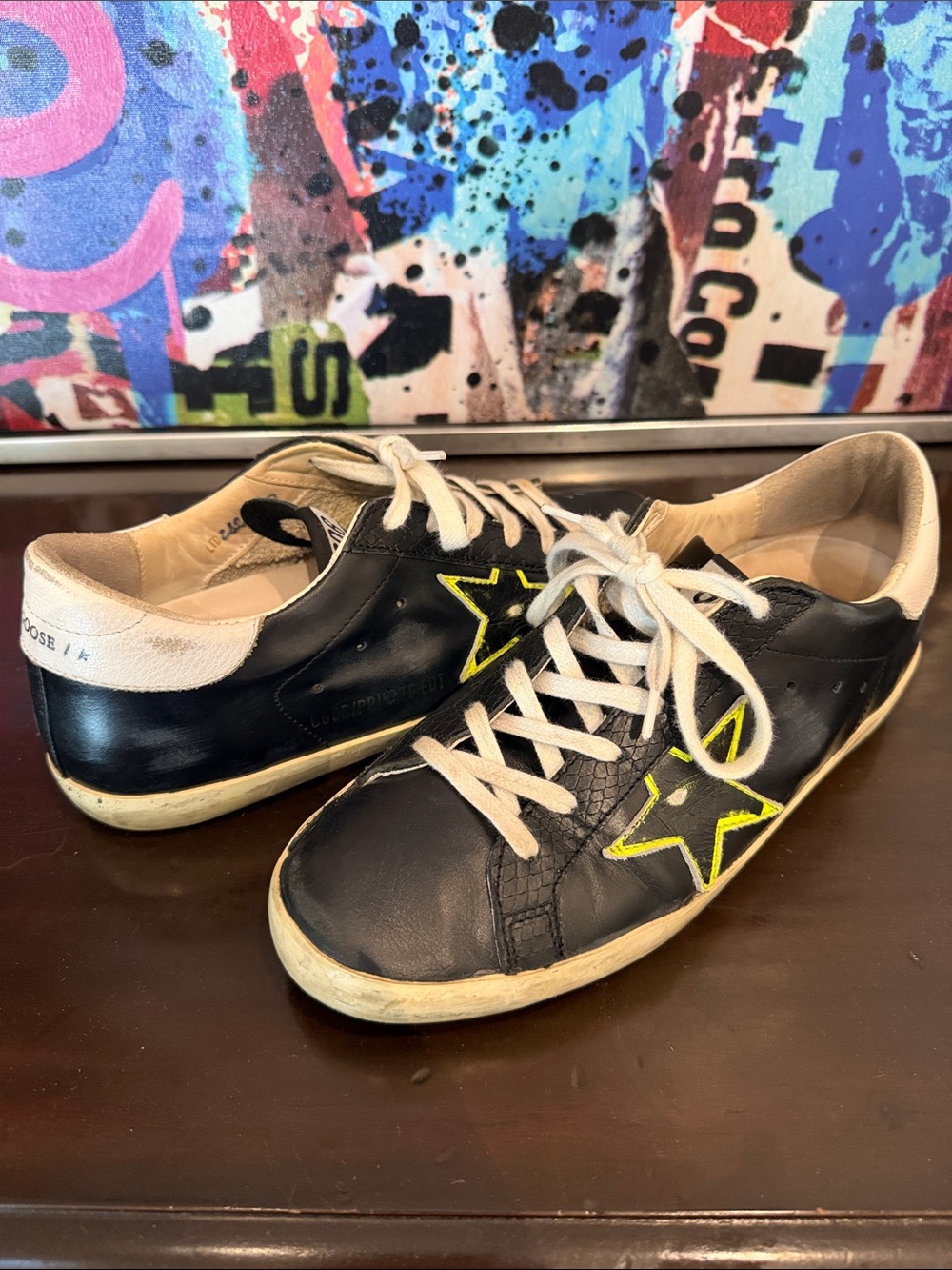 Golden Goode Limited Black Leather Superstars with Neon- Yellow and Black Stars